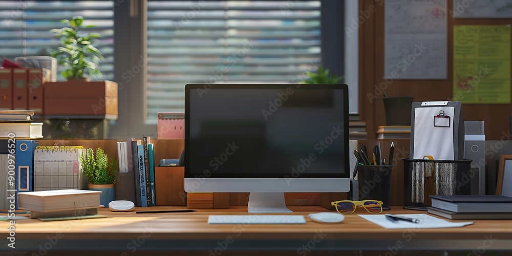 desk with computer, Desk Workspace An organized desk workspace with a computer, documents, and office supplies, showcasing a productive office environment. desk with computer, Desk Workspace An organized desk workspace with a computer, documents, and office supplies, showcasing a productive office environment.