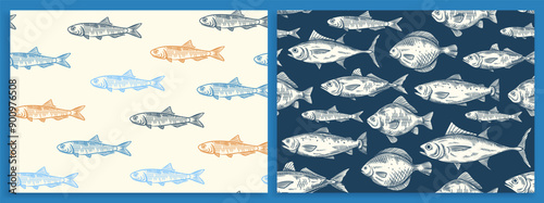 Seamless pattern with hand drawn fish. Repeating template with sketches of marine life. Ocean salmon or tuna. Design element for print. Outline vector illustration set isolated on background
