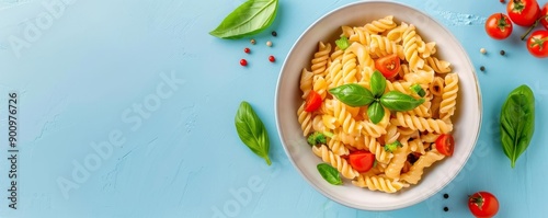 Top view of kid-friendly pasta with hidden vegetables, studio background, appealing presentation, kids meal, nutritious and delicious