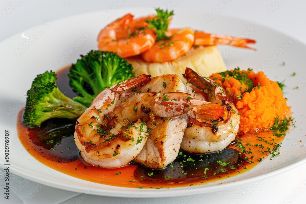 Grilled Shrimp, Fish, Mashed Sweet Potato, and Broccoli Grilled Shrimp, Fish, Mashed Sweet Potato, and Broccoli