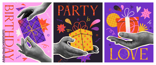 Set of posters in Halftone style. Trendy Happy birthday vintage greeting cards with hands holding gift boxes. Holiday and party celebration. Cartoon vector illustration isolated on white background