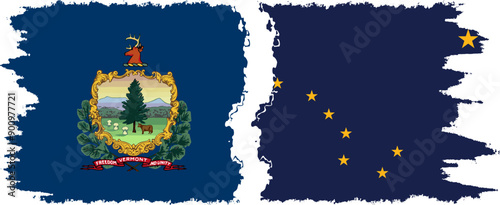 Alaska and Vermont states grunge brush flags connection, vector