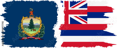 Hawaii and Vermont states grunge brush flags connection, vector