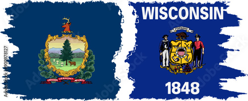 Wisconsin and Vermont states grunge brush flags connection, vector
