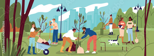 People planting trees in city park. Happy men and women with shovels engaged in gardening. Eco volunteers care about nature and environment. Characters working outdoors. Flat vector illustration