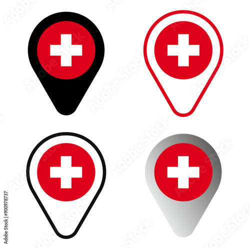 Swiss flag pointer Switzerland map pin location sign vector suisse red cross hospital pharmacy icon first aid symbol