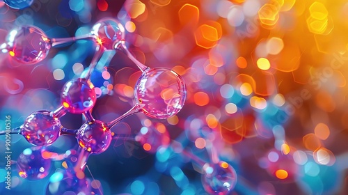 Molecular Symphony: Vibrant glass molecules shimmer against a backdrop of colorful bokeh, representing the intricate beauty of science and technology. 