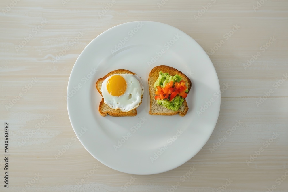 Two Toasts with Different Toppings on a White Plate Two Toasts with Different Toppings on a White Plate