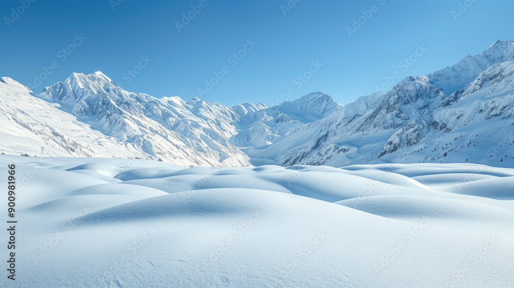 Obraz premium A serene winter landscape featuring pristine snow-covered mountains under a clear blue sky, creating a peaceful and refreshing scene.