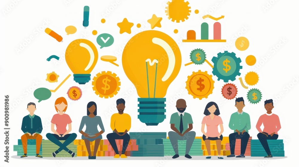 A group of people sitting on a pile of money, with a light bulb in the middle A group of people sitting on a pile of money, with a light bulb in the middle