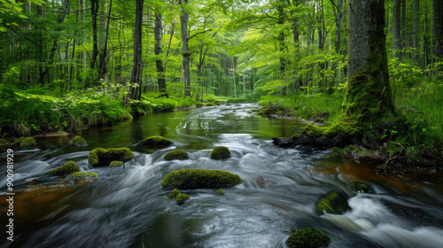 A serene forest stream flows gently through lush greenery, creating a peaceful natural landscape perfect for relaxation.