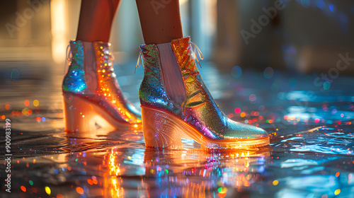 Close-up of dazzling glitter high heels on a reflective dance floor with colourful bokeh, embodying nightlife chic and glamour