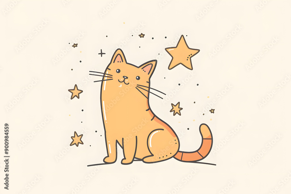 Fototapeta premium This charming orange cartoon cat under a starry sky is perfect for creative projects such as greeting cards and posters. Cat lovers will adore its cute style and playful design