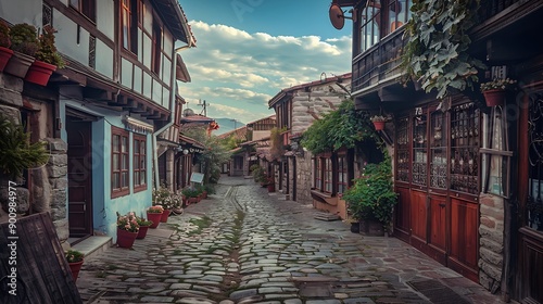 Traditional street in the old town of Sozopol Bulgaria : Generative AI