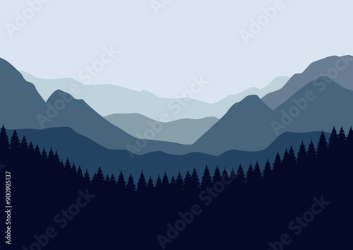 vector pine forest and mountain panorama illustration design.