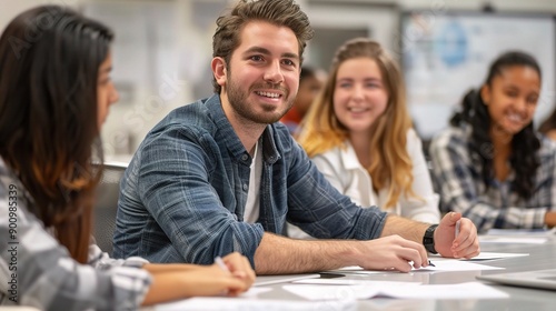 Engaged Minds in Sync: A diverse group of students collaborate on a project, their faces lit with focus and the joy of shared learning.