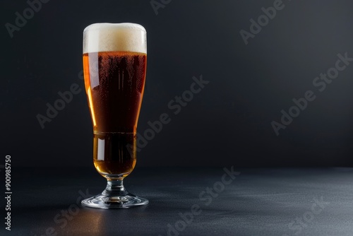 Tall glass filled with amber colored lager beer, topped with creamy white head against black studio background. Concept of alcohol drinks, summer, traditions, Oktoberfest. copy space - generative ai