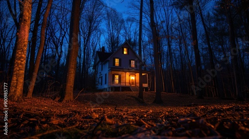 Brightly Lit Lonely House in the Woods on a Spooky Halloween Night