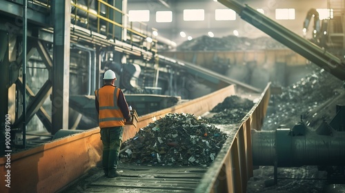 Worker overseeing the sorting and processing of refusederived fuel RDF in an industrial facility highlighting the recycling and waste management process in the renewable energy sector : Generative AI photo