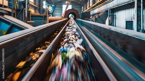 Conveyor belt transporting refusederived fuel RDF with motion blur effect in an industrial recycling facility highlighting the dynamic waste sorting and processing system for renewable : Generative AI photo