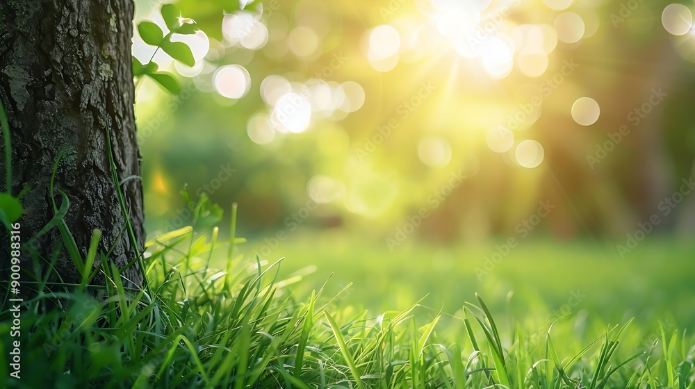 Obraz premium Blur background of sunlight shining though the tree with grass field Soft light nature photography Peaceful nature and solitude concept Design for relaxation and meditation spaces Clea : Generative AI
