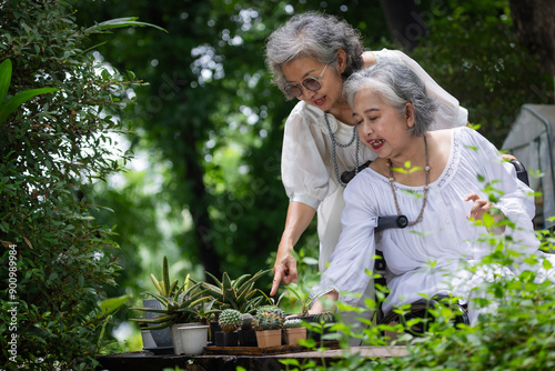 Wallpaper Mural Two Elderly Women Sharing a Moment in a Garden, Exploring Potted Plants Together Torontodigital.ca
