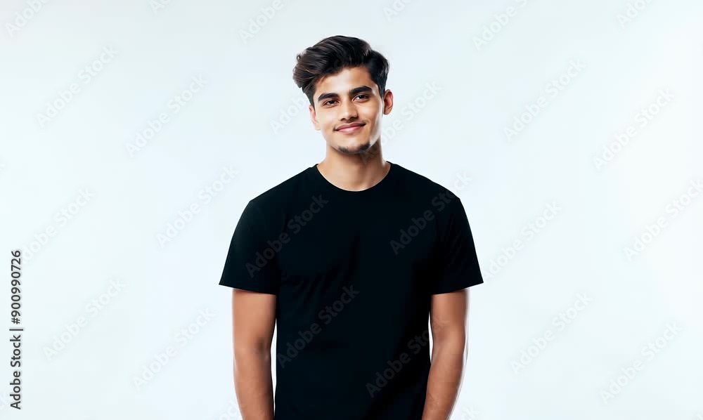 Full length portrait of a handsome young man in black t-shirt posing on a white background. Full length portrait of a handsome young man in black t-shirt posing on a white background.