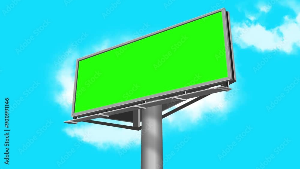Wide blank green billboard or large advertising display. Chroma key, time lapse, green screen, template, mock up and copy space concept