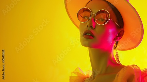 Chic look with young woman model wearing retrofuturistic round sunglasses hat and dress against yellow background in neon light Concept of modern fashion trendy style beauty youth cult : Generative AI © The Little Hut