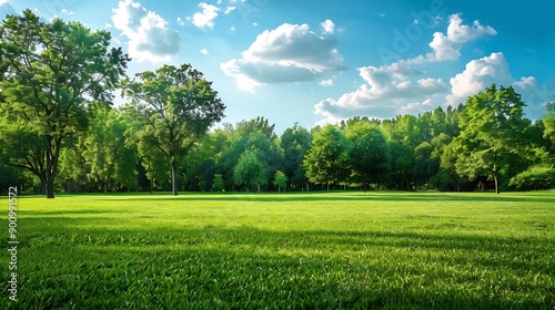 Green tree forest meadow field in city park blue sky Nature green scene background : Generative AI