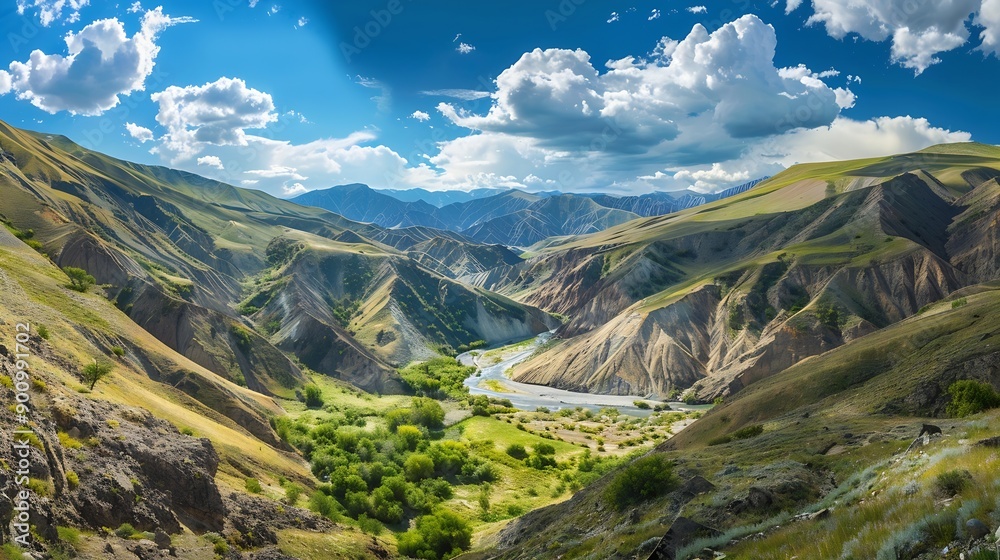 Obraz premium Picturesque mountain valley on a sunny summer day wild river panoramic view : Generative AI