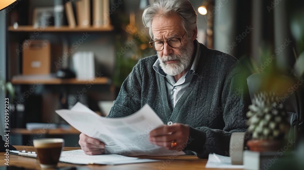 Older businessman at desk with a cup of coffee, reading a report in a sleek office Older businessman at desk with a cup of coffee, reading a report in a sleek office