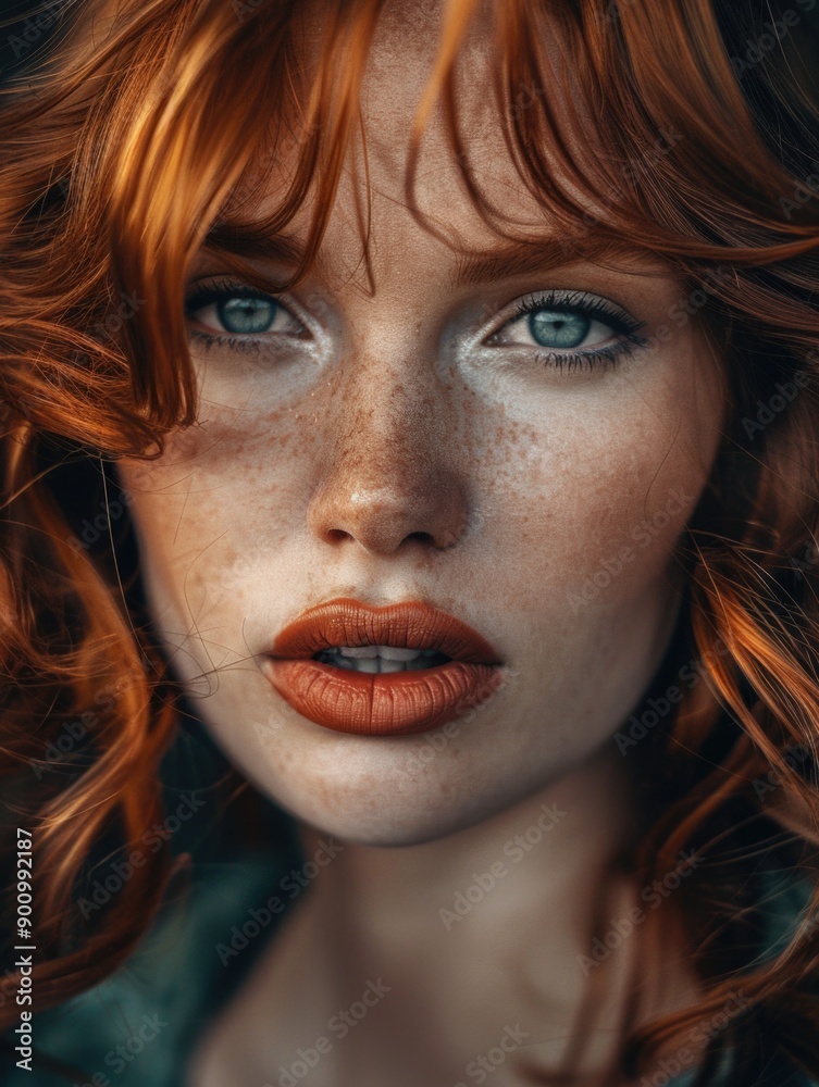 Close-up portrait of a woman with freckled skin, looking directly at the camera Close-up portrait of a woman with freckled skin, looking directly at the camera