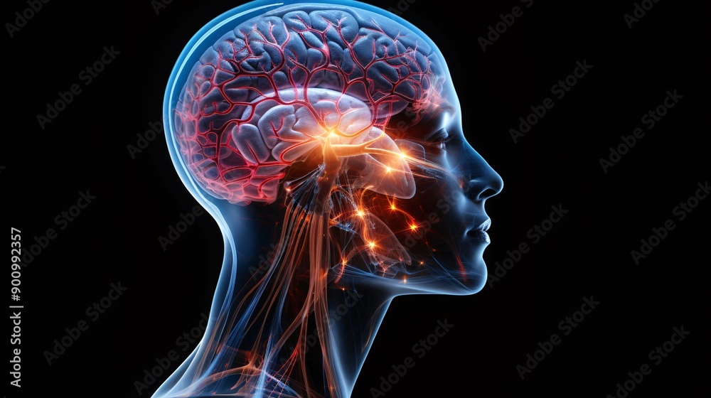 A side profile of a human head with the brain visible and highlighted A side profile of a human head with the brain visible and highlighted