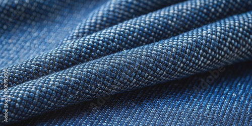 Intense dark blue denim fabric showcases intricate weave pattern, revealing textured threads and subtle shadows, evoking a sense of ruggedness and durability. photo