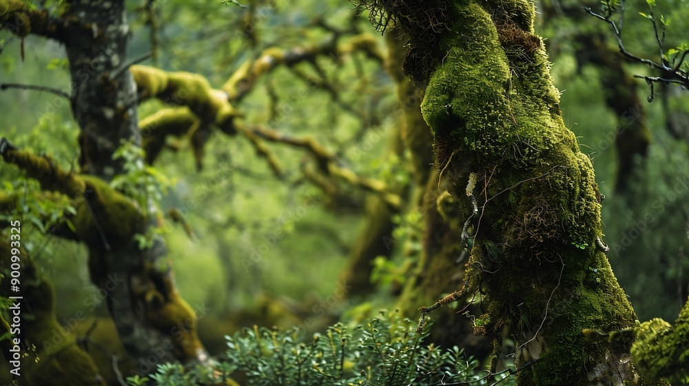 Fototapeta premium Close up lush green moss envelops the trees in the mystical woods of Torla in Ordesa National Park Spain creating an enchanting natural tapestry : Generative AI