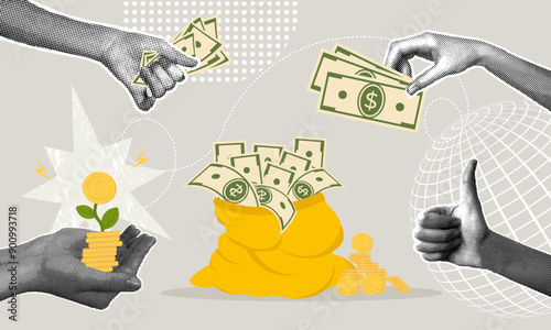 Fashionable halftone collage. Concept of wealth, saving, saving and saving money. Money bag with dollar stacks and stacks of coins. Vector illustration of business and finance for web banner, social