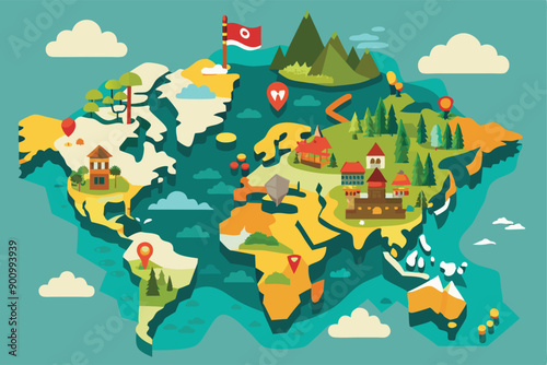 Country Map Highlighting Regions and displaying its regions major cities geographical features