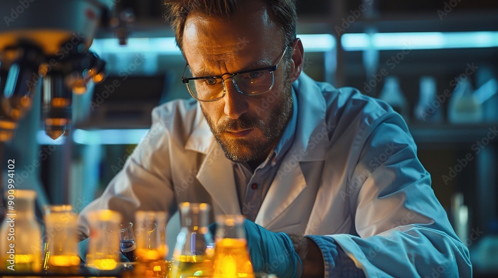 custom made wallpaper toronto digitalScientist in a lab coat, working with chemical solutions and beakers, modern lab environment