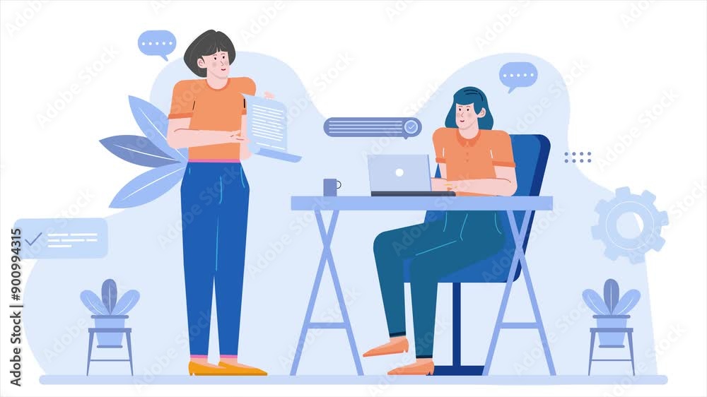 illustration of a woman showing business idea plan to the boss animated video