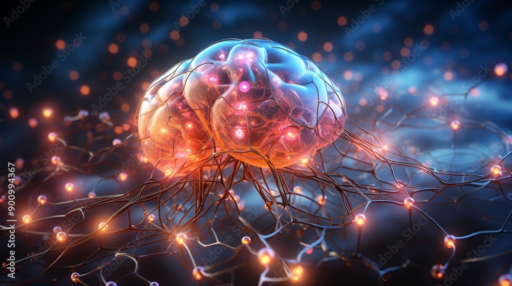 A detailed 3D rendering of the human brain with neural connections highlighted A detailed 3D rendering of the human brain with neural connections highlighted