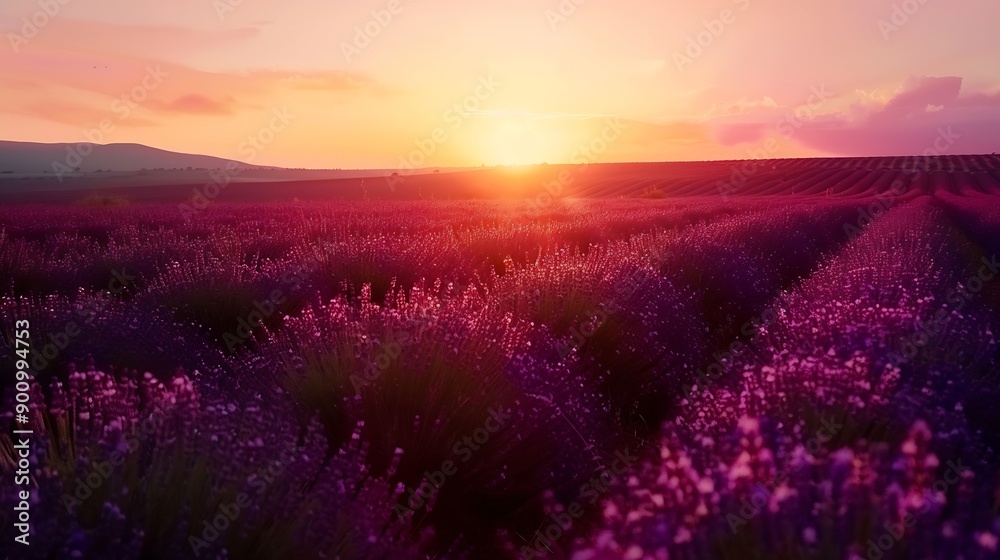 Fototapeta premium Picturesque colorful floral atmosphere Beautiful panoramic view French blooming scenic at sunset Sunset violet lavender flower field in Provence France Valensole Summer nature amazing : Generative AI