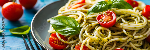 Spaghetti with vibrant pesto sauce and cherry tomatoes