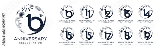 set of 10 to 19th anniversary logotype design, with black color fireworks for celebration event, wedding, and birthday, vector illustration