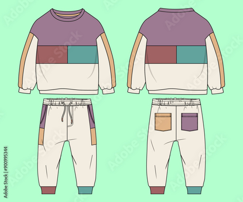 Boys terry fleece drop shoulder colour block sweatshirt and jogger flat sketch outline vector fashion illustration template. 
