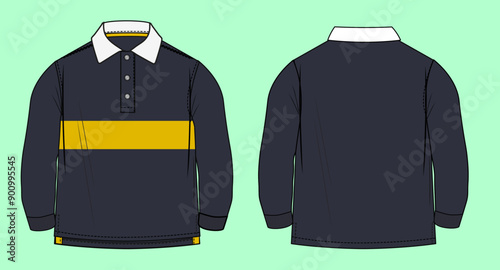 Boys retro long sleeve colour block rugby polo shirt flat sketch outline vector fashion illustration template.