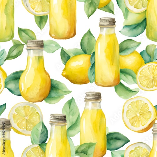 Pastel watercolor lemon juice bottle pattern - 1