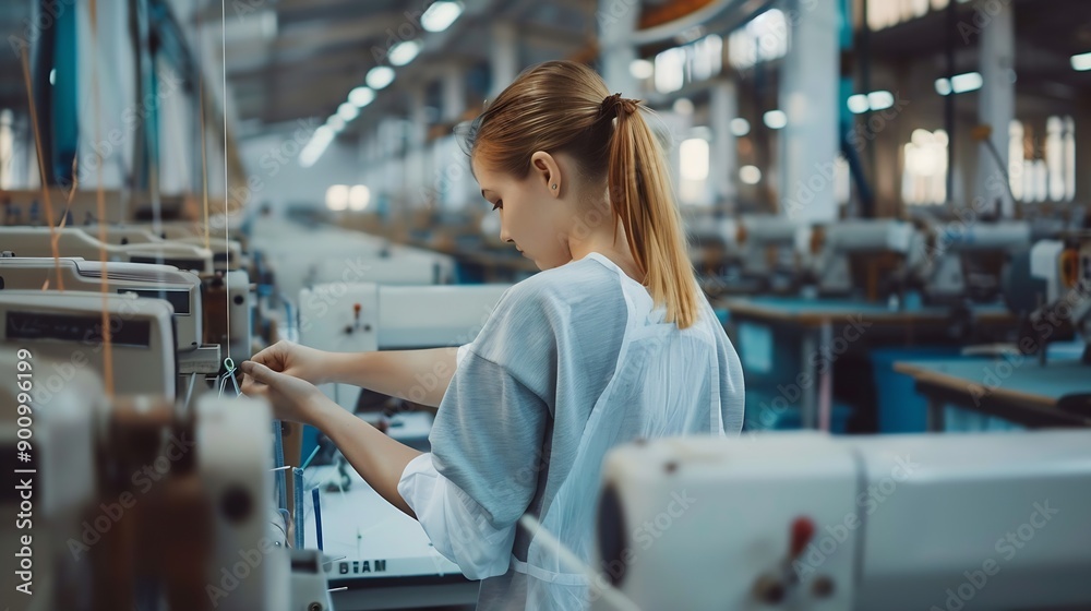 Textile factory worker standing by modern industrial sewing machine and checking thread connections : Generative AI Textile factory worker standing by modern industrial sewing machine and checking thread connections : Generative AI