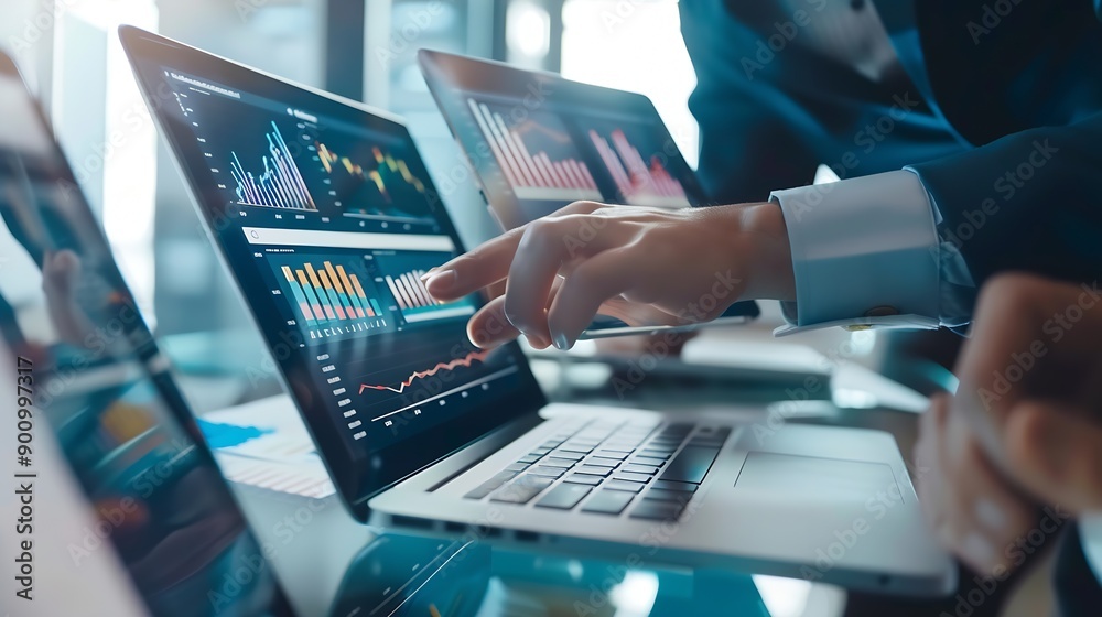 Business team using tablet and laptop analyzing sales data economic growth graph chart Business planning and strategy Financial report market research digital marketing business data a : Generative AI