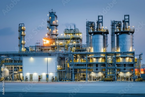 Beautiful sunset view of oil refinery with lights on in industrial area at dusk for travel and business concept
